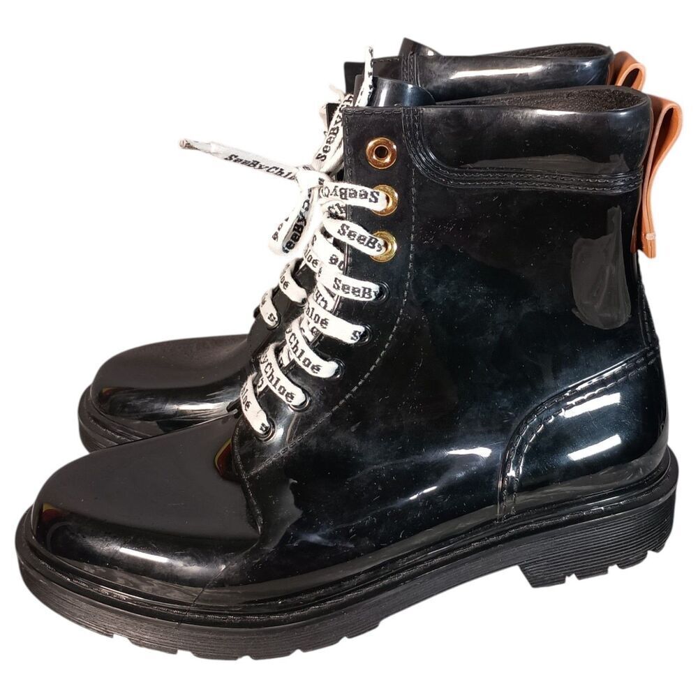 See By Chloe Combat Boots Women 40/US 10 Black Rubber Logo Lace Up - Picture 6 of 10